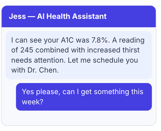 Jess AI Health Assistant responding to a patient and offering to schedule an appointment
