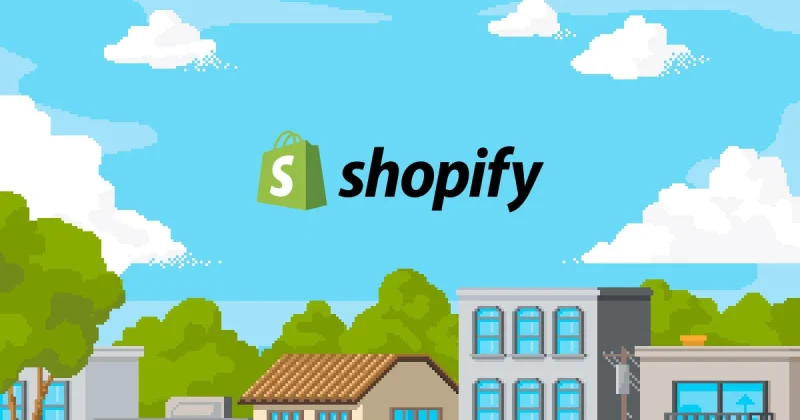Shopify logo above a pixel-art commerce town